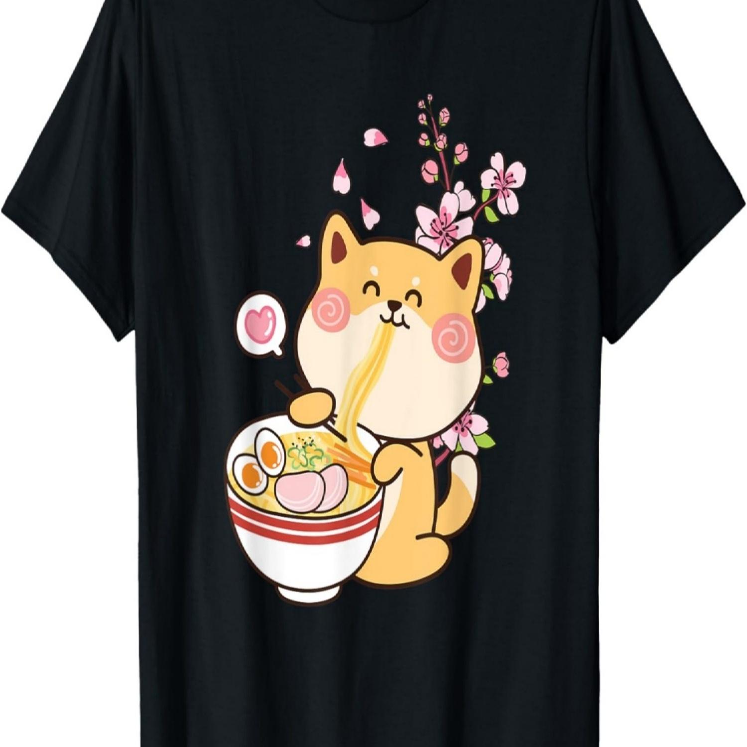 Kawaii Shiba Inu Dog Eating Ramen Noodles Cherry Blossom T-Shirt S