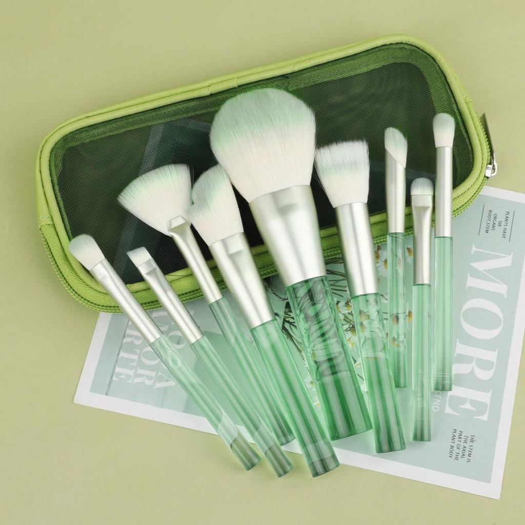 9Pcs Transparent makeup brushes set, blush brush, grooming brush, eyeshadow brush, loose powder brush, beauty tool with mesh bag