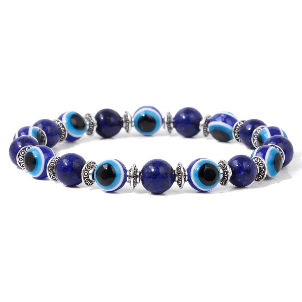 Armband med turkiska ögat-pärlor, natursten, lava, hematit, set med flera lager, handgjorda elastiska smycken för kvinnor och män