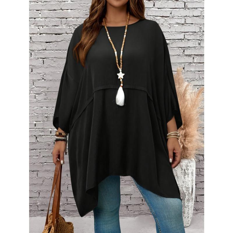 New Large Size Spring/Summer Loose Batman T-shirt Top Round Neck Fashion Casual Blouse Solid Color Irregular Elegant Shirts Loose Simple Long Tops