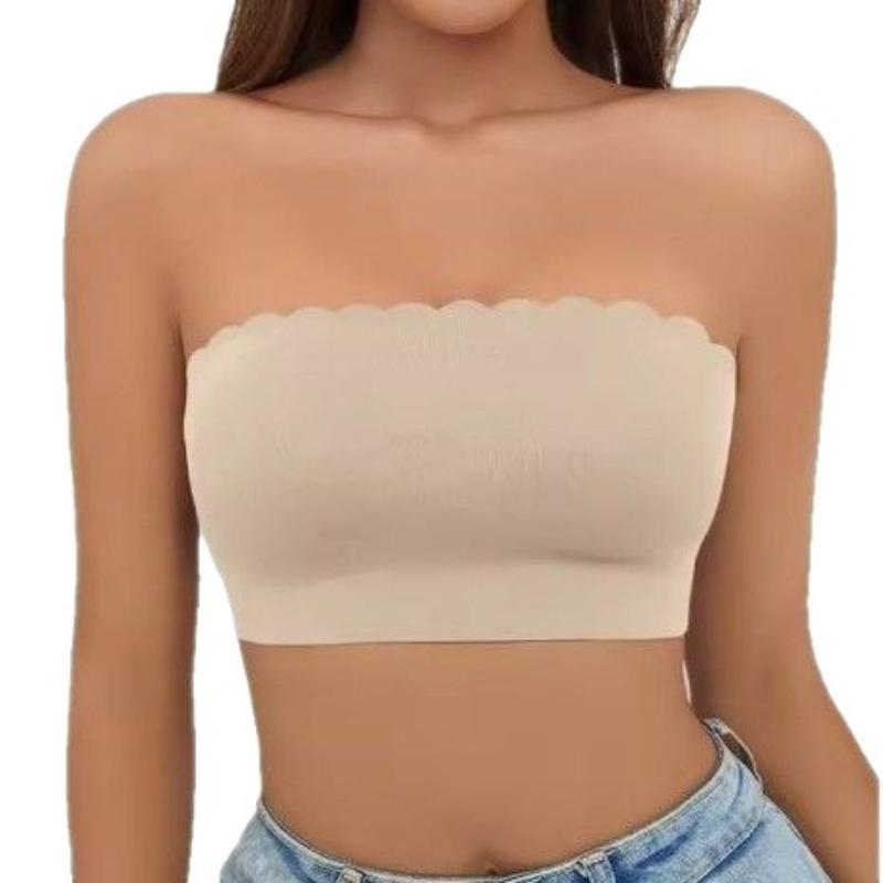 Women's Strapless Seamless Bandeau Bra Elastic Ruffle Edged Wireless Unpadded Bra Smooth Backless Invisible Bra for Daily Wear Casual & Wedding
