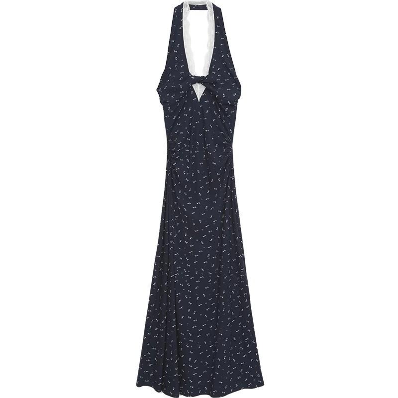 French neck-hanging waist floral suspender dress women s summer niche design sense Spice girl lace splicing coffee break dress S