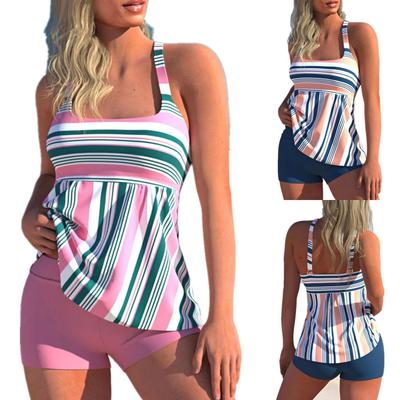 Women Large Size Two Pieces Tankini Sets Striped Print Swimsuit Female Sexy Bikini Swimwear Summer Bathing Suit