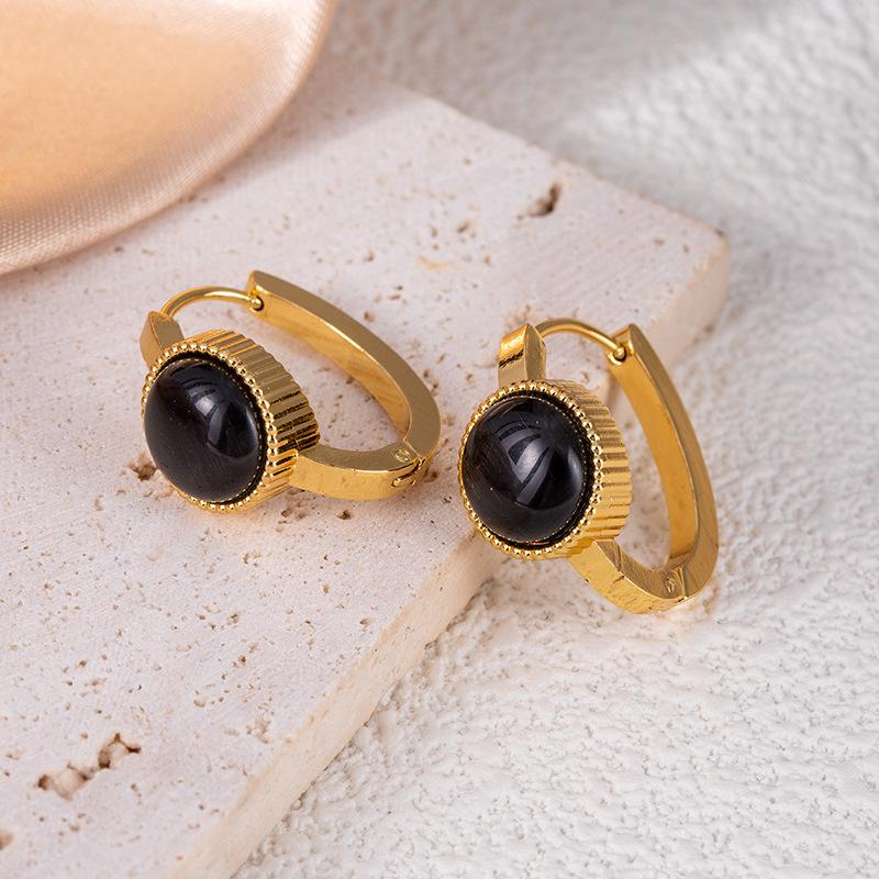 High-end Geometric Stainless Steel Stud Earrings with Imitation Blue Turquoise Cat's Eye