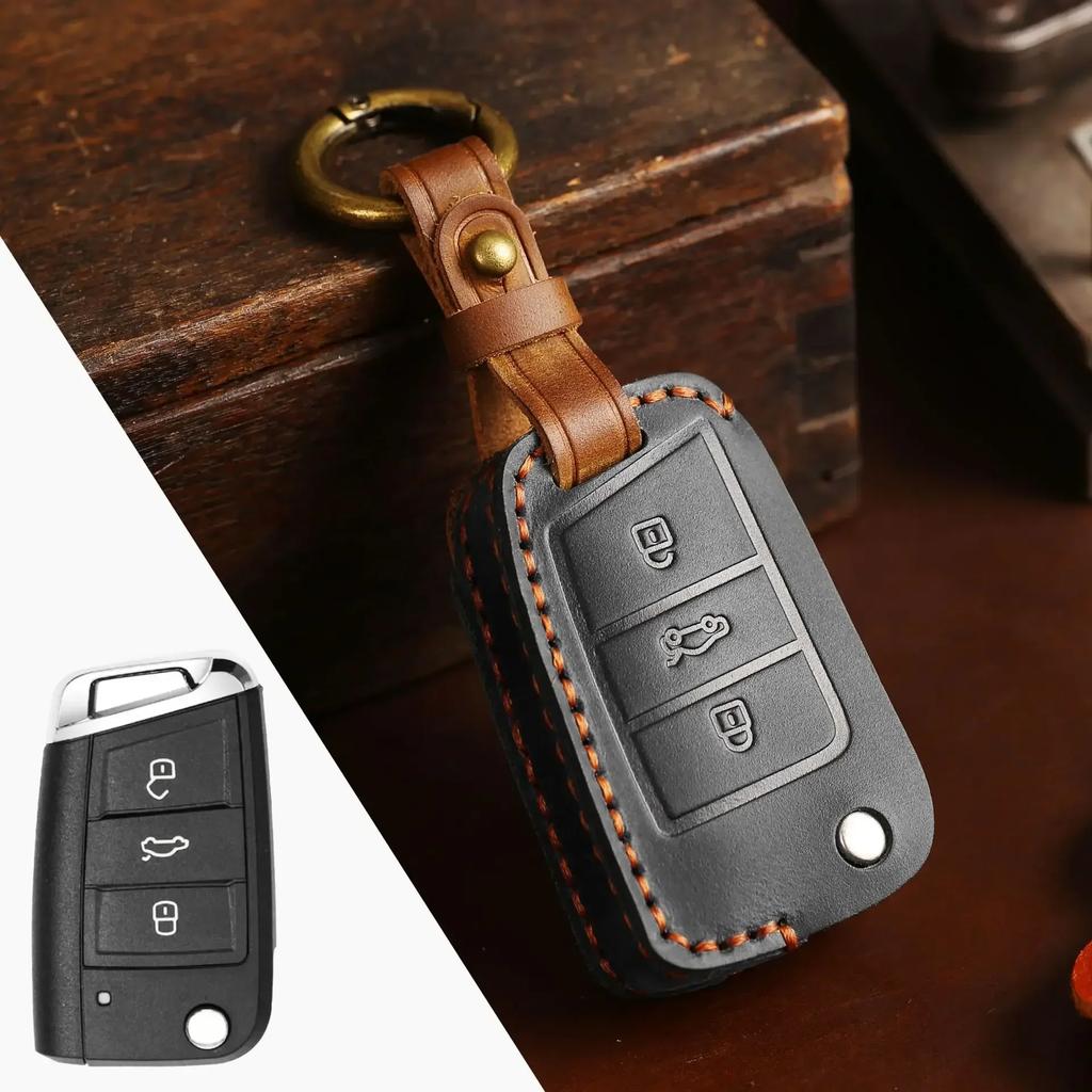 Leather Car Key Case Cover for Volkswagen VW Polo Golf 7 Sagitar Passat for Skoda Octavia Keyring Shell Bag Fob Auto Accessories