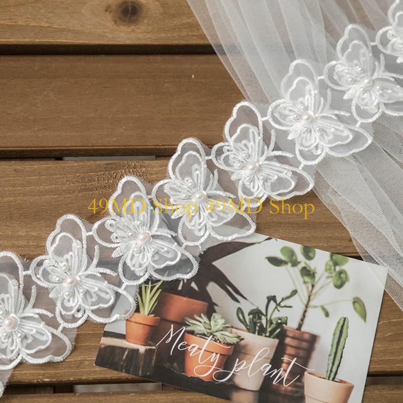 49MD 1 Yard Bowknot for Butterfly Embroidered Lace Trim Ribbon Imitation Pearl Beaded Applique DIY Sewing Craft Wedding Bridal