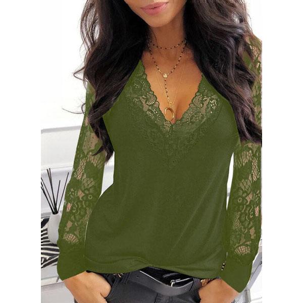 Women's V-neck Lace Long-sleeved Casual T-shirtsexy Clothes Solid Color T-shirt Plus Size