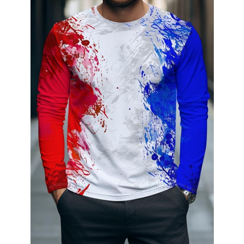This Long-sleeved Top Features a Unique Splatter Graffiti Design In Red, White, and Blue