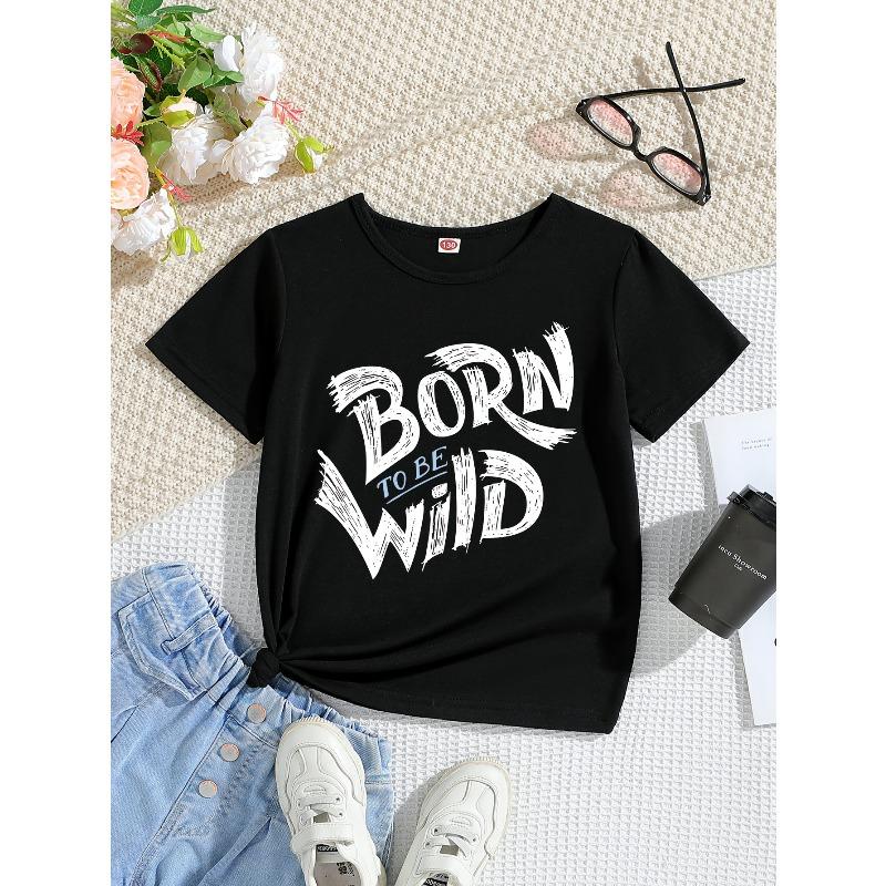 

European Size Childrens Round-neck Short-sleeved T-shirt with Unique English Patterns 164cm