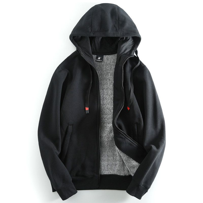 Export Tail Order Fleece-lined Thickened Men Cardigan Coat Outerwear Fall and Winter Factory Casual Cut Label Hoodie Tops Tide Black M