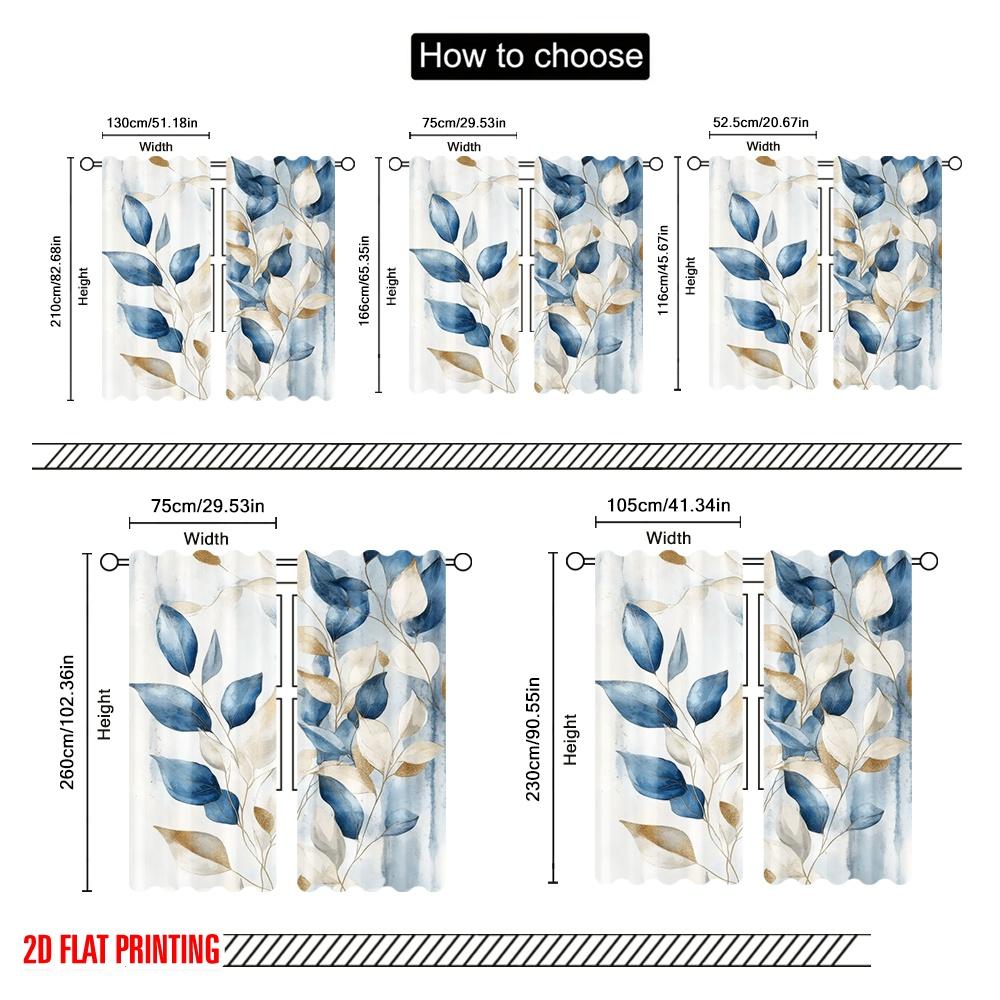 Set Of 2 Plane Printing Window Curtain Blue Serenity Leaves Versatile Polyester Fabric Without Rod All Bedroom Ideal For Sleeping Area