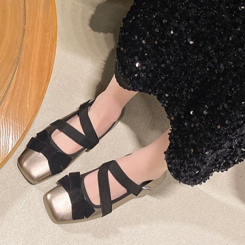Fashion Flat Shoes Spring New Square Head Shallow Mouth Butterfly Knot Cross with Soft Sole Anti-slip Wear-resistant Single Shoes