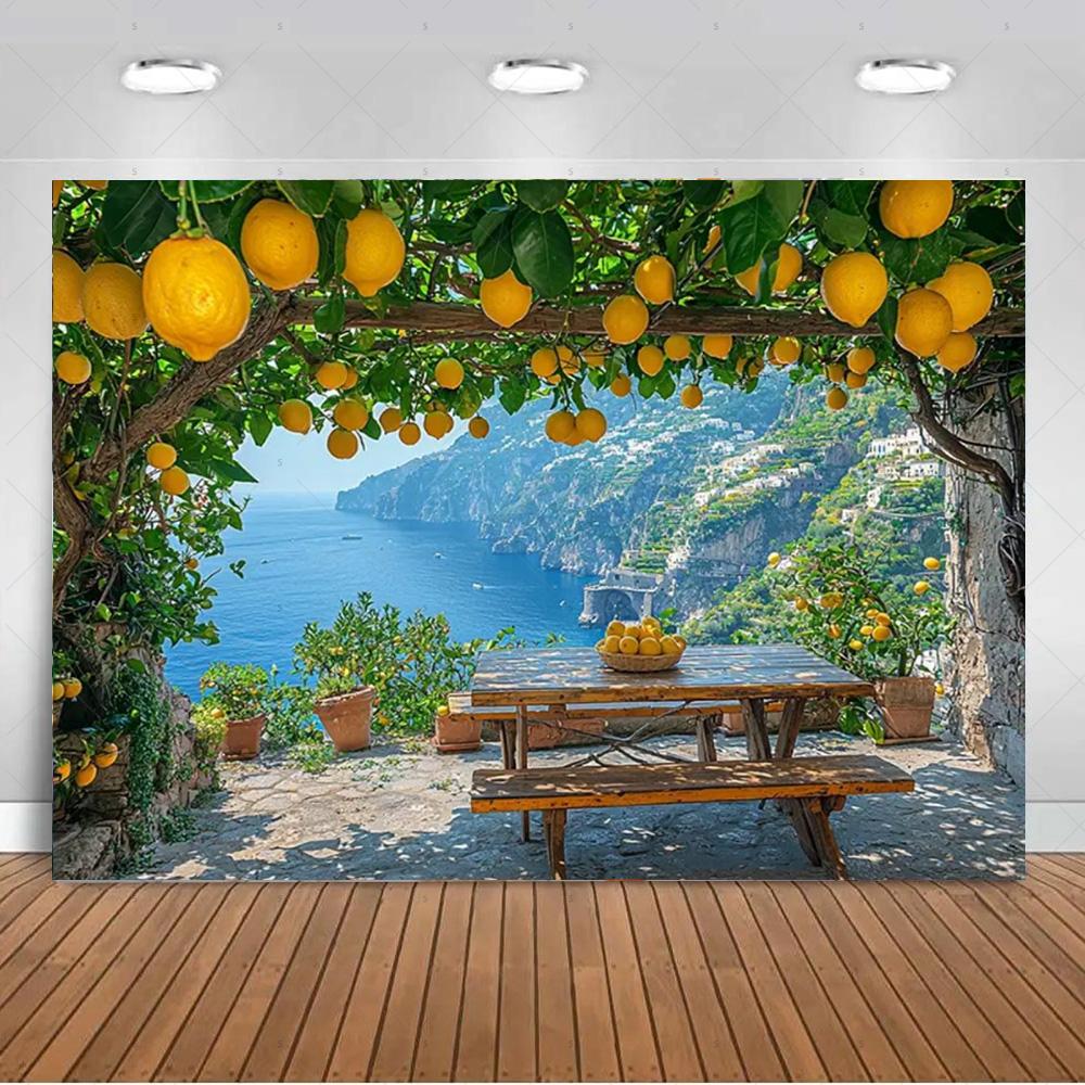 Seaside Town Lemon Tree Background Banner Open Window Landscape Backdrop Supplies Photography Prop Birthday Party Decorations