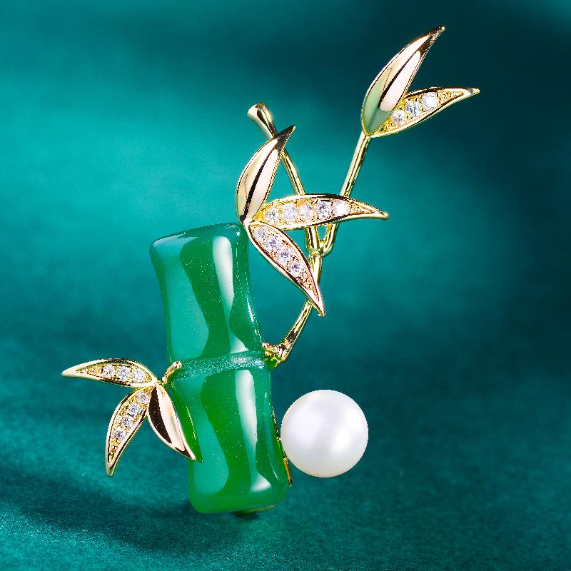 Chinese Style Bamboo Leaf Brooch with Freshwater Pearl, Agate, and Zirconia for Women