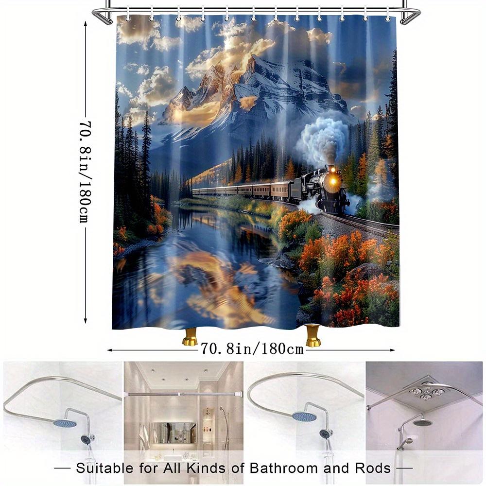 1Pc Scenic Train Shower Curtain, Colorful Mountain View, Bathroom Decor, Polyester Fabric, Featuring Nature Landscape, Includes