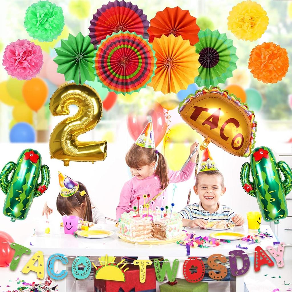 Taco Twosday Birthday Party Decorations - 2nd Fiesta Birthday Party with Fiesta Paper Fans, Taco Twosday Banner for 2nd Birthday Cinco De Mayo