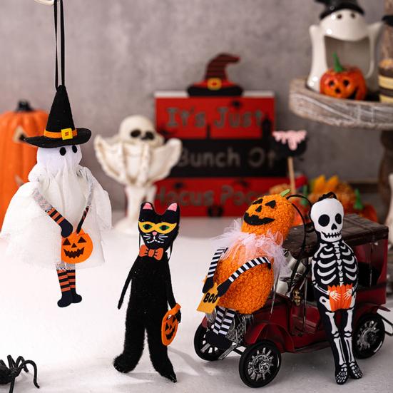 Plush Halloween Ornament Small Black Cat/Pumpkin/Ghost/Skeleton Hanging Decoration for Holiday Tree Decor