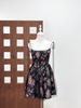 Niche Design Black Floral Slim Fit Dress with Red Rose Print, Tie-Up Straps, and Mesh Hem for Women.