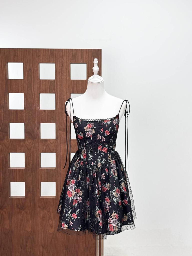 Niche Design Black Floral Slim Fit Dress with Red Rose Print, Tie-Up Straps, and Mesh Hem for Women.