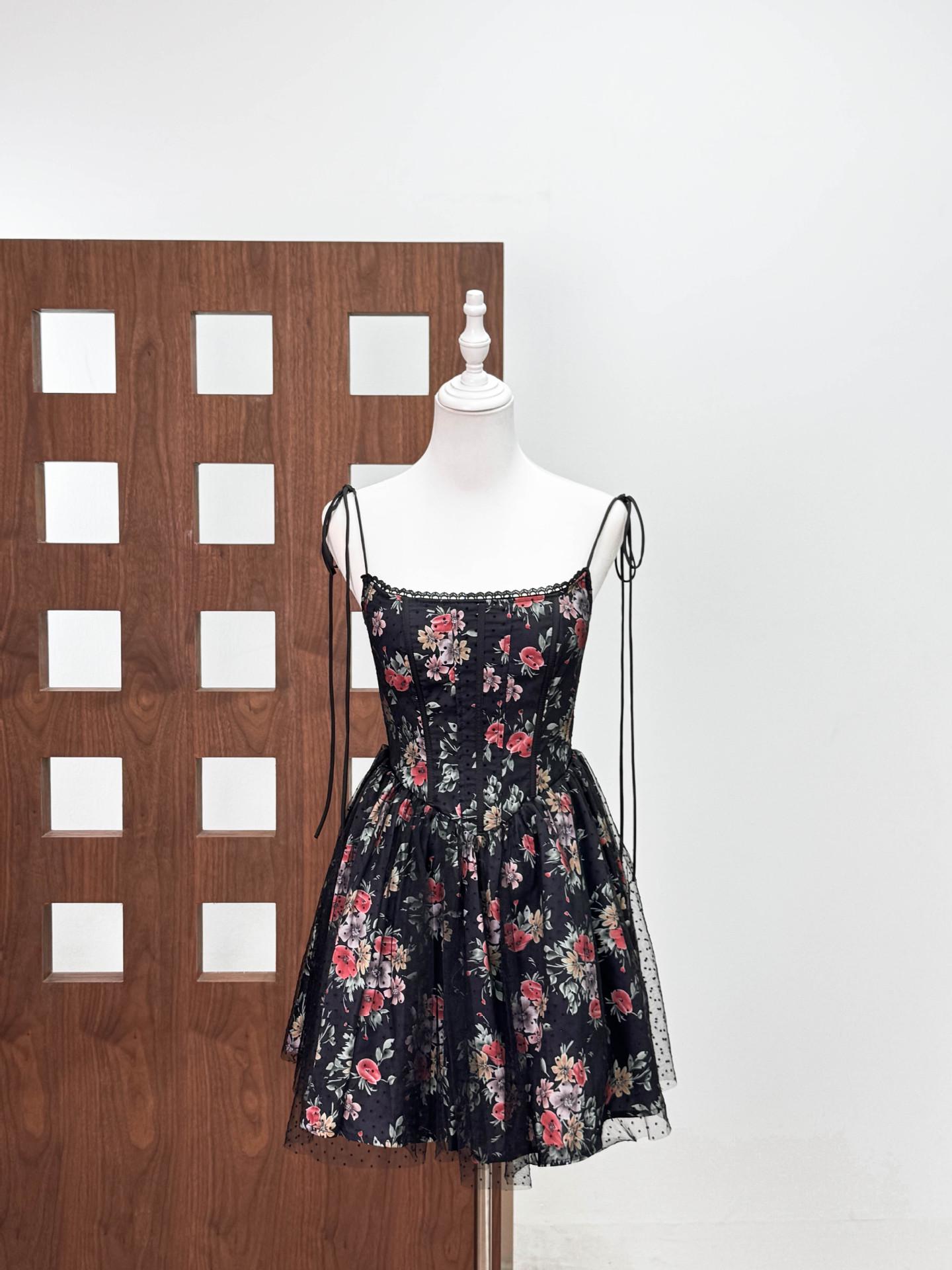 

Niche Design Black Floral Slim Fit Dress with Red Rose Print, Tie-Up Straps, and Mesh Hem for Women. S
