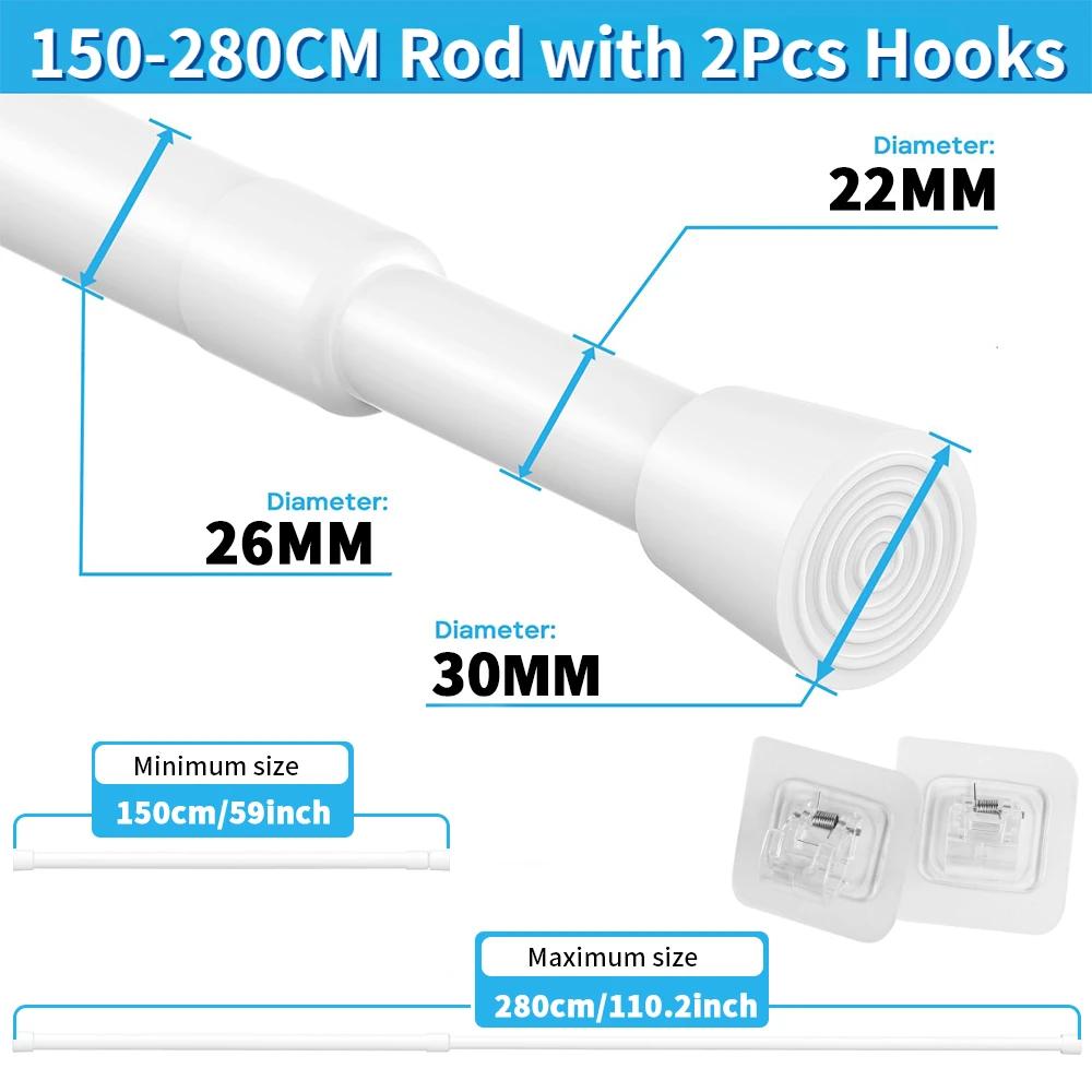 Expandable Spring Tension Rods Adjustable 40 to 280CM Tension Curtain Rod No Drilling Spring Loaded Curtain Rod for Doors Window