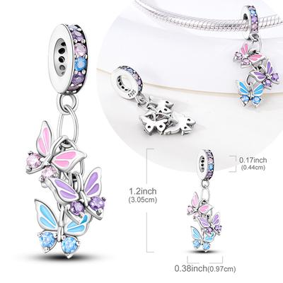 925 Silver Butterfly Charm Pink Purple Zircon Pendant For Women DIY Jewelry Gift Fit Original Bracelet