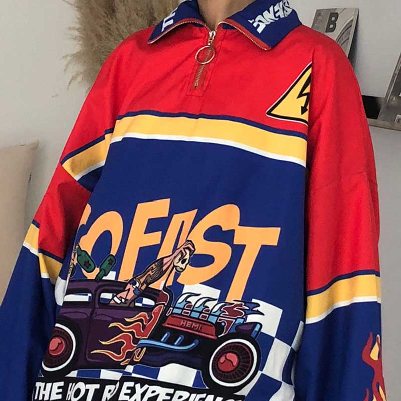 Women Jacket Trendy Tops New Harajuku Style Flame Printing Loose Sweatshirt Casual Oversize Hoodies Hip-hop Fashion