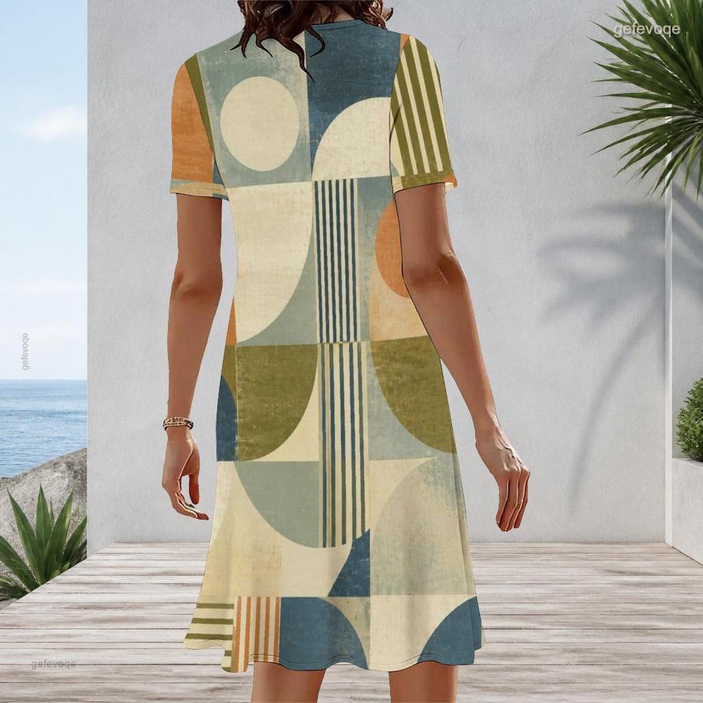Women Plus Size Round Neck Short Sleeve Blue Yellow Geometric Printed A Line Dress