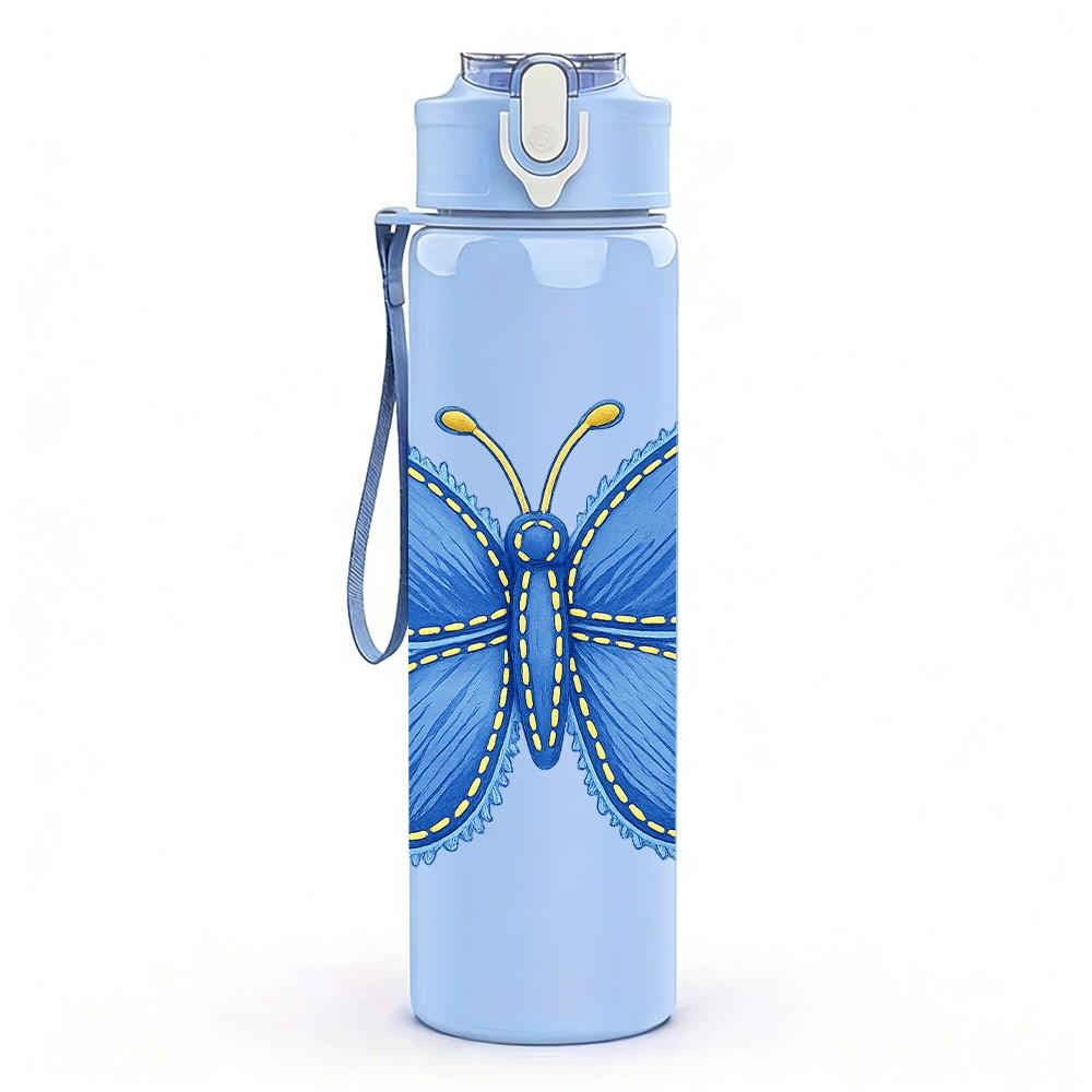 1PC Blue Butterfly Embroidery Style Print 750ml Color Plastic Sports Water Bottle Leakproof Flip Straw Lid Suitable for Sports Office Home Use