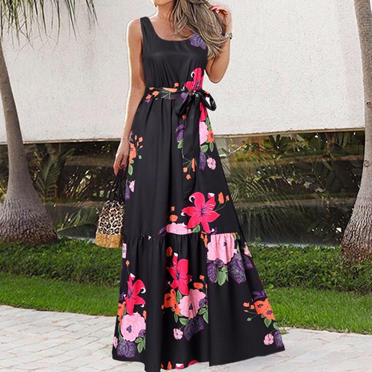 European & American Summer Print Casual Long Dress with Belt 2023