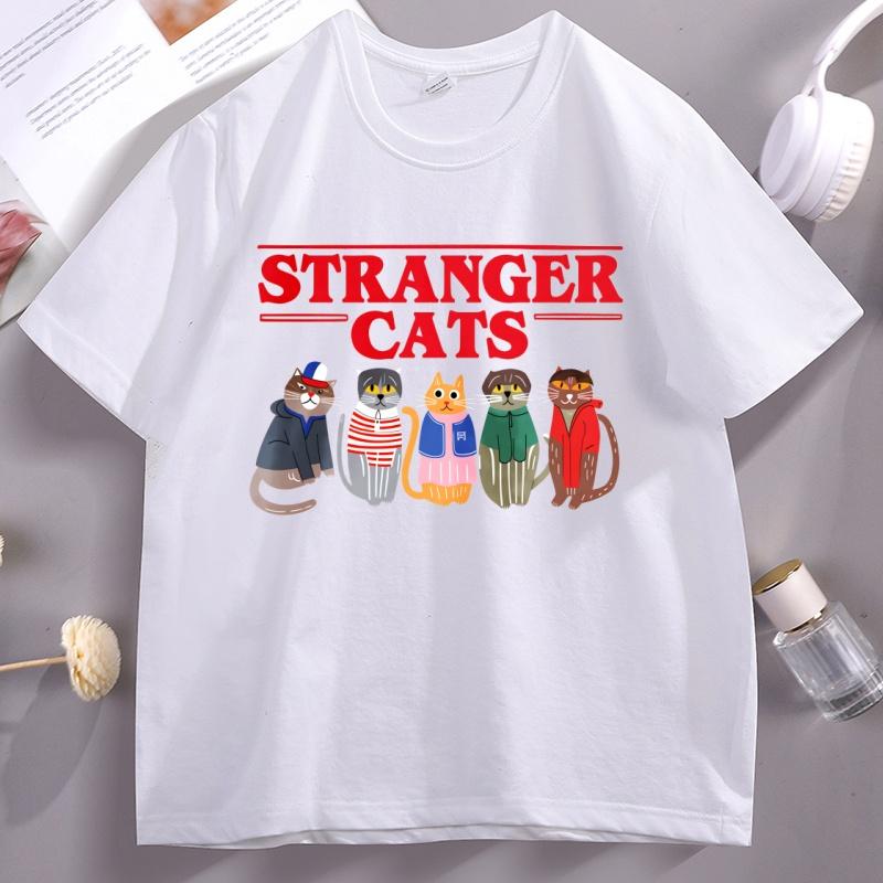 Stranger Cats T-Shirt Funny Printed Cotton Short Sleeve Loose Tee Shirt Soft High Quality O Neck Tshirt Breathable Casual Tops