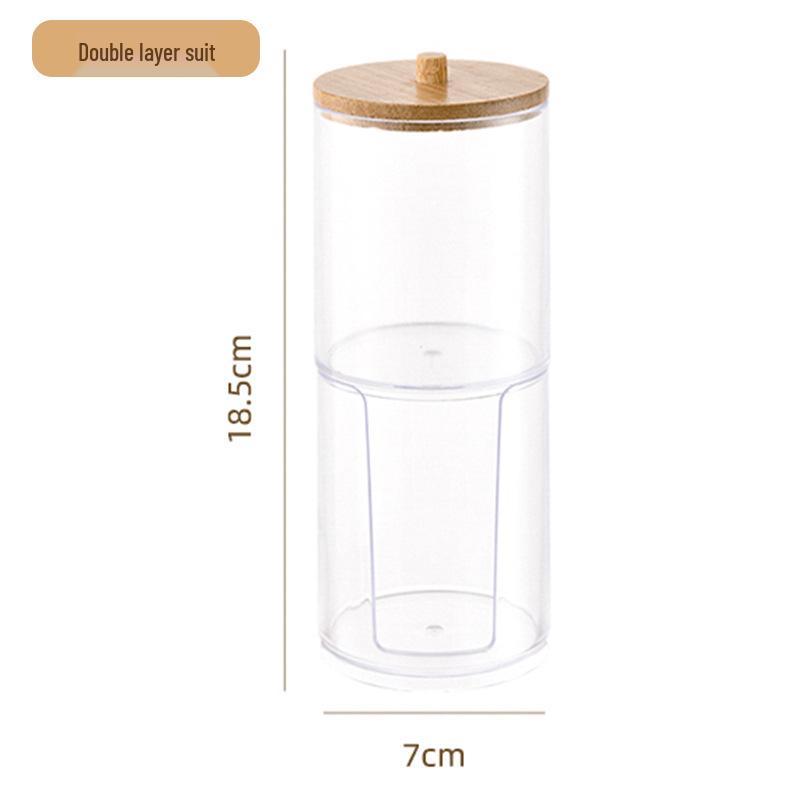 Dual-Layer Cotton Swab & Makeup Pad Storage Box - Clear, Round, Desktop Organizer
