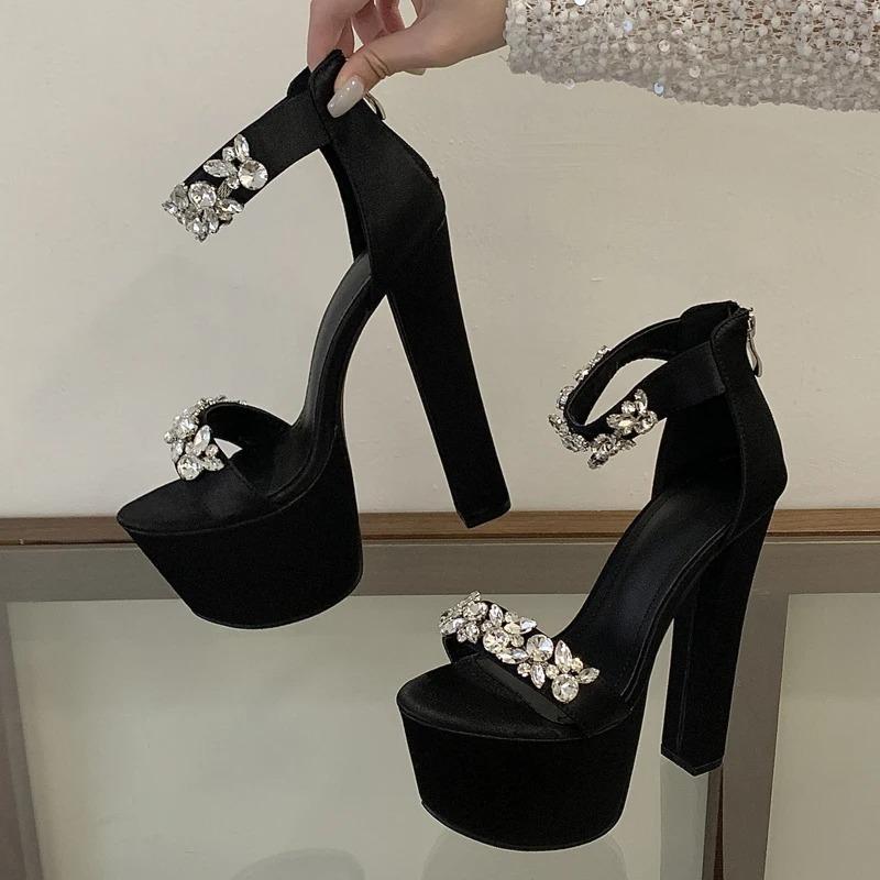 Eilyken Fashion Sexy Open Toed Rome Rhinestone Platform Sandals Ultra-high Thick High Rear Zipper Women Banquet Party Dress Shoe