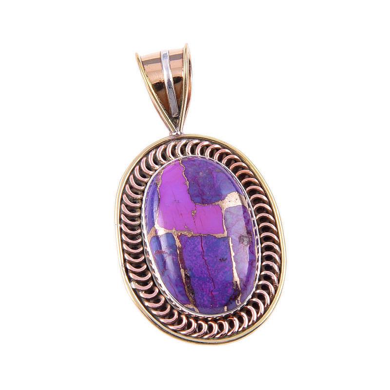 Natural Purple Copper Turquoise 925 Solid Silver Gift TwoTone Pendant 1.5" T9i44