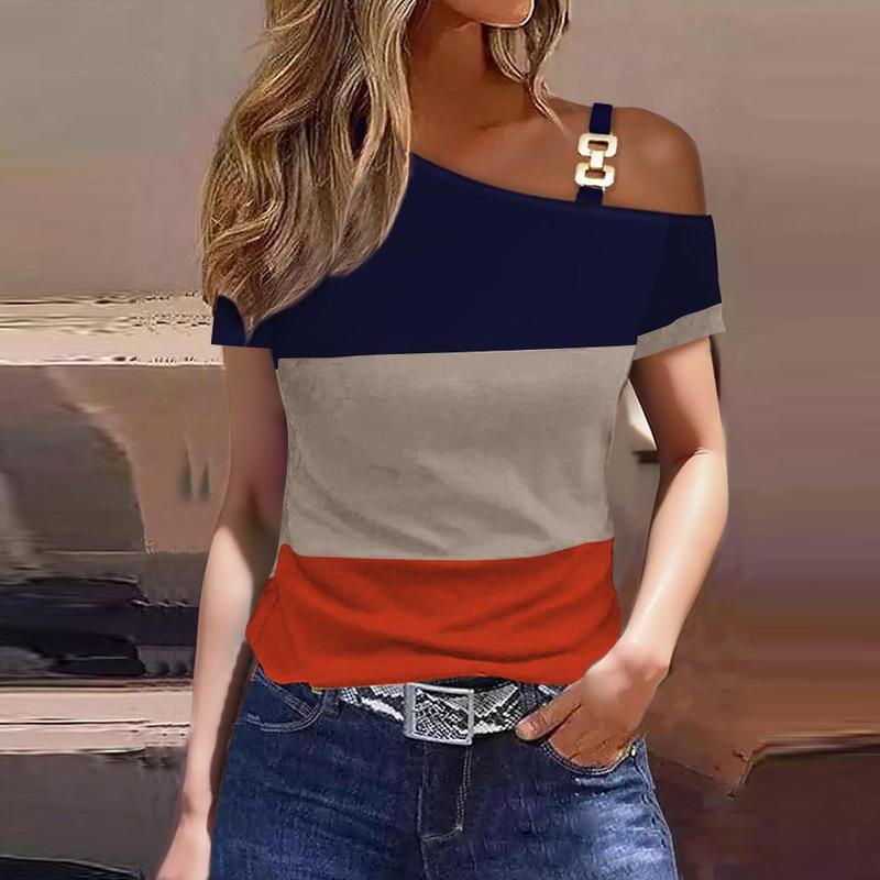 2023 Bestseller Women's Simple Short Sleeve T-Shirt with Metal Buckle Print