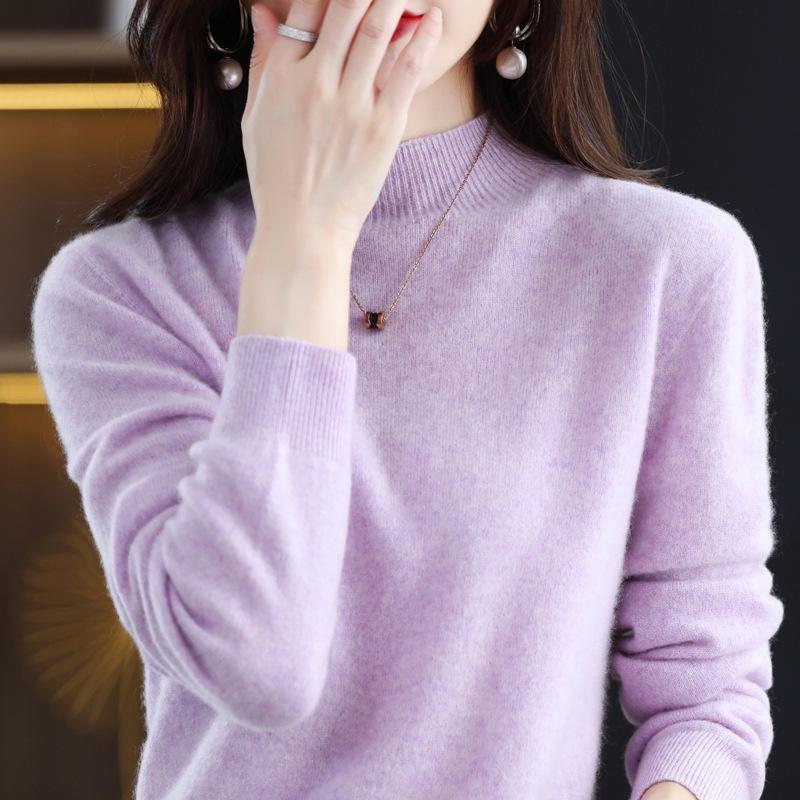 Women's Seamless Pure Wool Sweater: Half-High Neck Pullover, Loose, Warm, Slimming Knitwear.