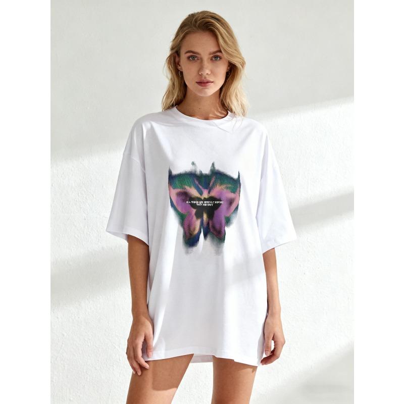 

Oversized T Shirt Black Butterfly Print With Inspirational Quote Casual Wear For Women Summer Outfit Streetwear Fashion Top XXXXL белый