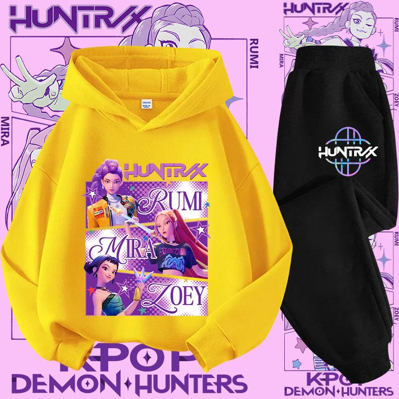 K-pop Demon Hunter New Children's Hoodie Set - Cute Girls' Casual Top for Kids Boys' Sports Shirt with Cartoon Print-2-Piece Set