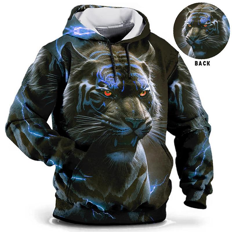 Men's hooded sweatshirt with dragon and tiger pattern for daily leisure, retro long sleeved hooded vacation, and sports