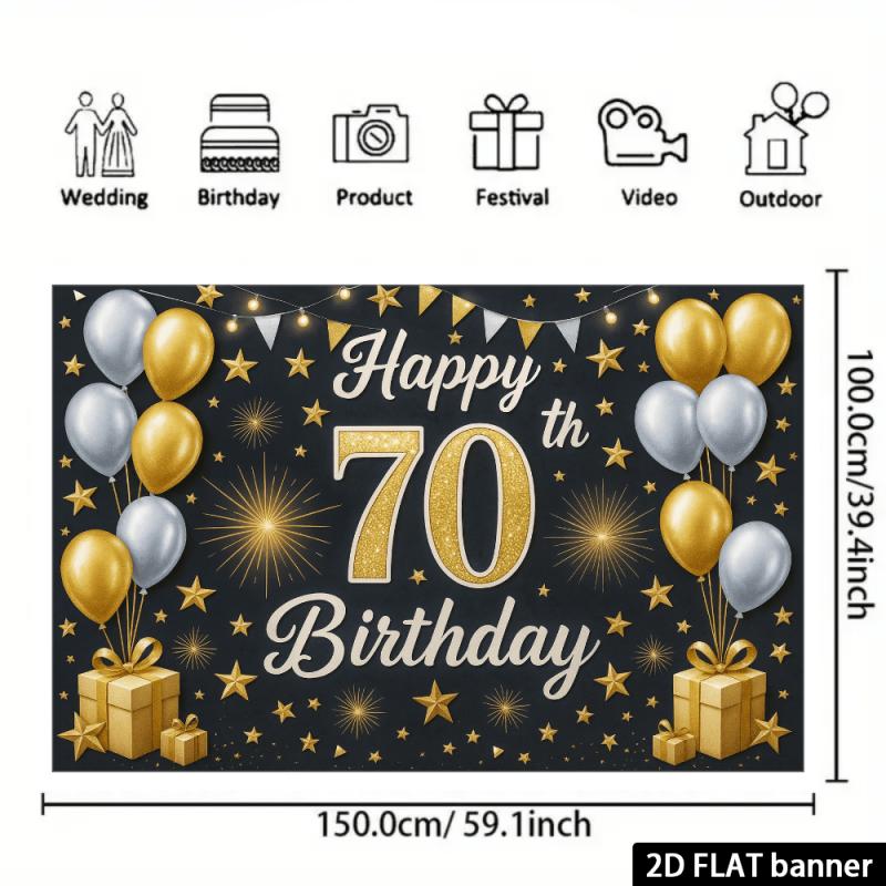 2D Black Gold Luxury 70th Birthday Backdrop Fabric - Polyester Material - Suitable for Indoor Living Room / Outdoor Courtyard