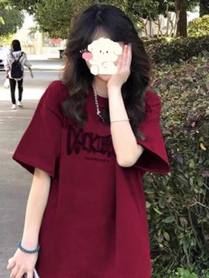 Unisex Retro Wine Red Cotton T-Shirt, Short/Loose Sleeves, Plus Size for Men, Women, and Chubby Girls - Trendy Half-Sleeve Couple Top.