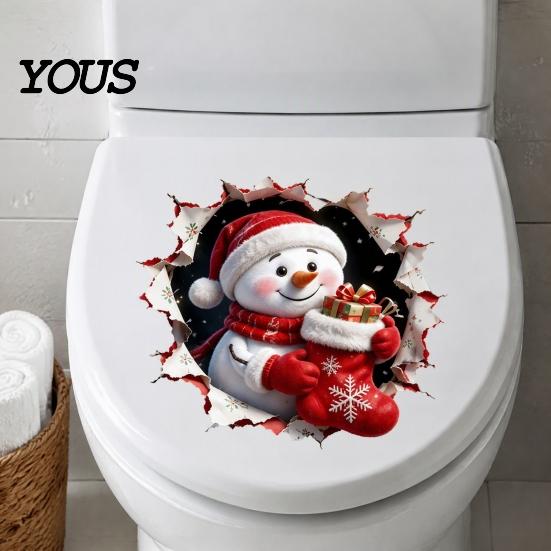 Removable Winter Themed Wall Art Christmas Toilet Decals, 3D Snowman Cover Sticker, Waterproof Funny Bathroom Seat Decor Sticker for Holiday Home Lid