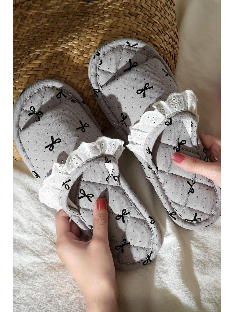 Korean Style Handmade Cotton Bow Soft Sole Indoor Slippers