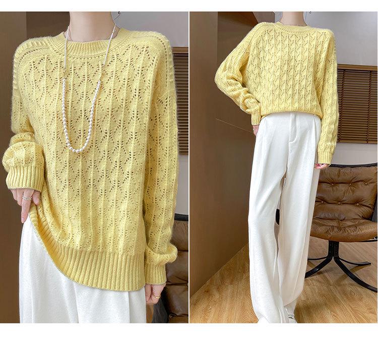 Women's Loose Wool Sweater - Half-High Neck, Diamond Cutout, Crocheted, 100% Pure Wool, Long Sleeve Knit
