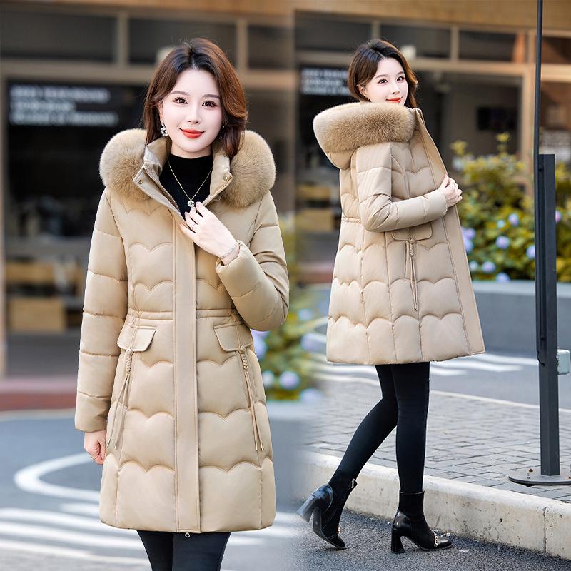 Women's Mid-Length Winter Fur Collar Hooded Cotton Jacket - Fashionable Slimming Warmth