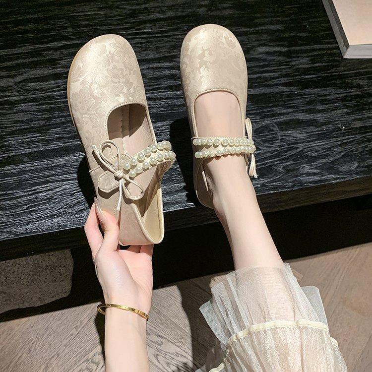 French pearl bow Mary Jane shoes women's 2025 new skirt single shoes gentle style versatile ballet shoes