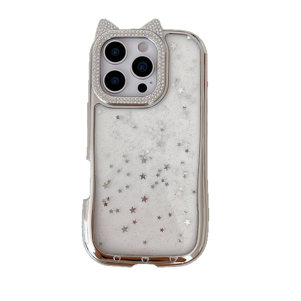 For IPhone16ProMax Flash Diamond Phone Case for Apple15 Cute Cartoon Cat Ears 14 Electroplating Protective Case