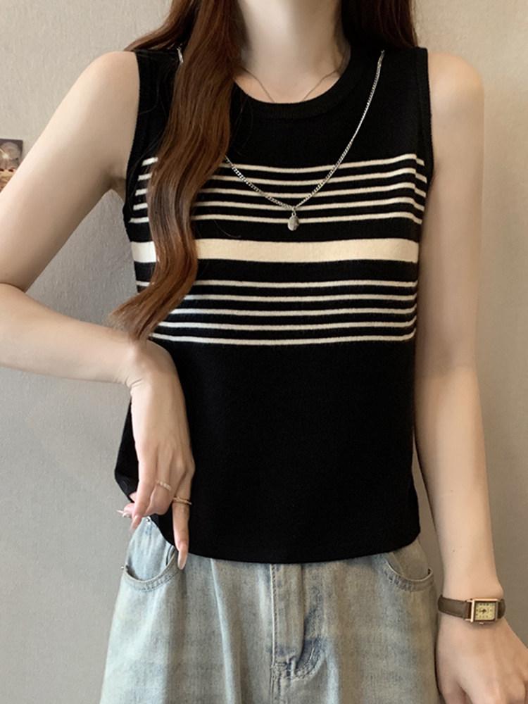 2026 Spring French Design Knit Vest Camisole - Women's Fashionable Striped Sleeveless Top