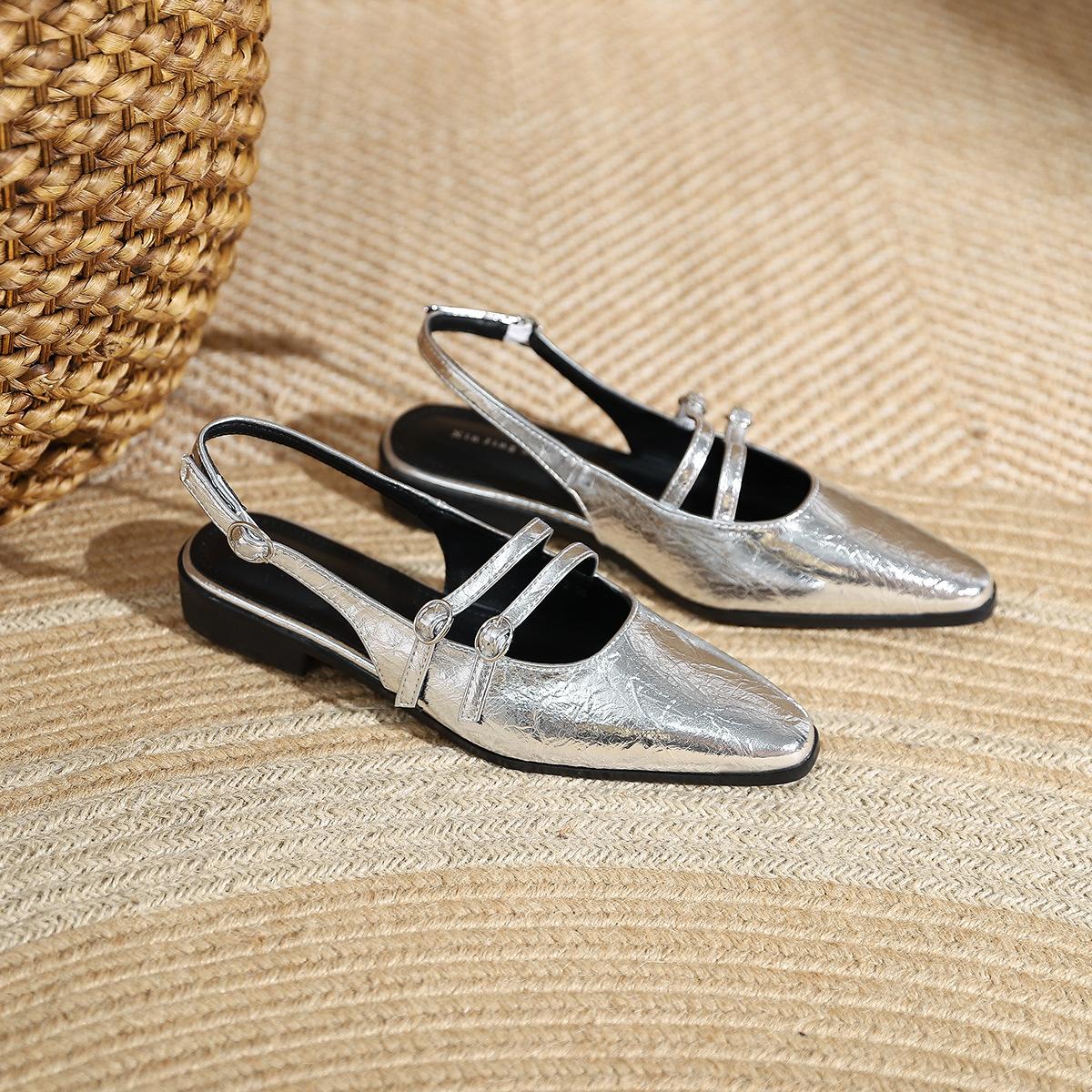 

978-2 Французские остроносые туфли-лодочки весна новая ретро двухбортная пряжка-ремень на низком каблуке туфли-лодочки повседневные для работы женская обувь 40 серебряный