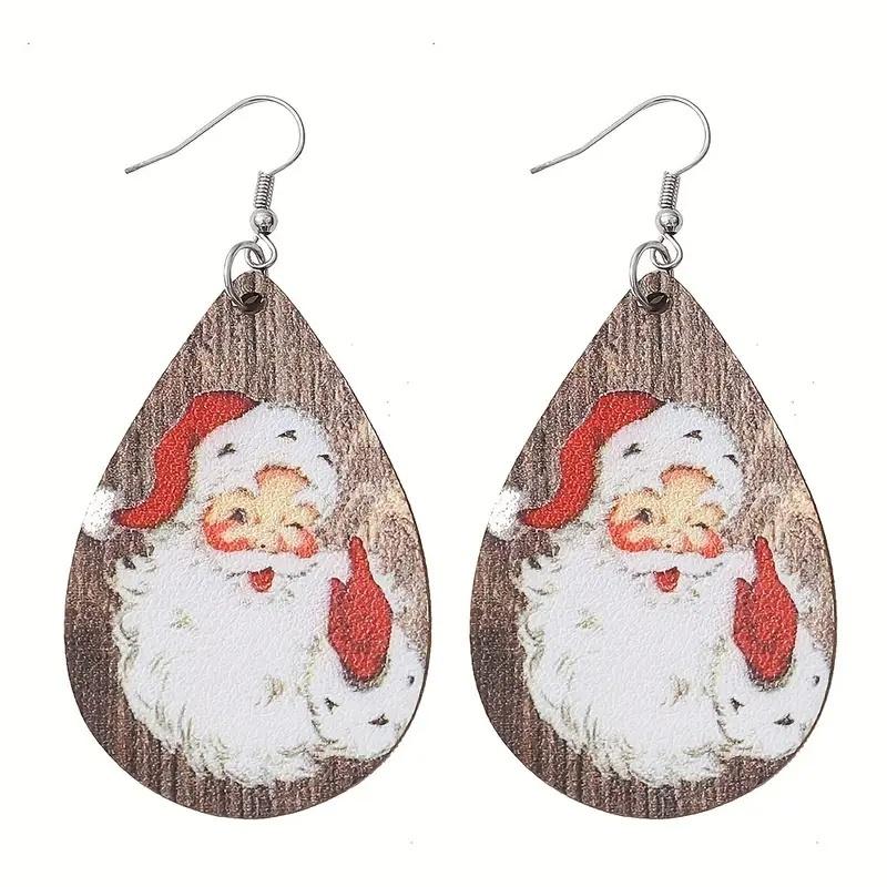 CAOSHI Christmas Cute Leopard Print Santa Claus Water Dangle Pendant Earrings Double-sided PU Earrings Accessories for Women